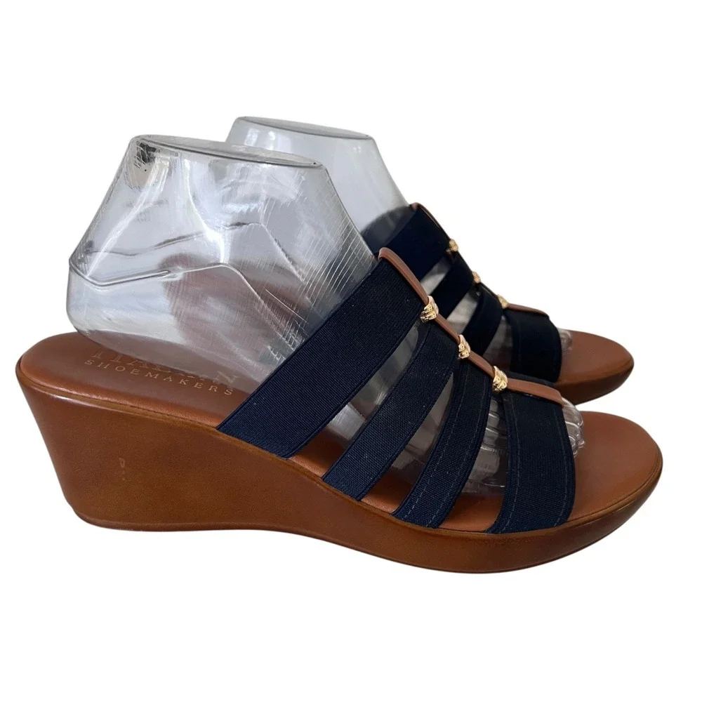 Italian Shoemakers Wedge Sandals Blue Elastic Straps Womens 9M Made‎ in Italy
